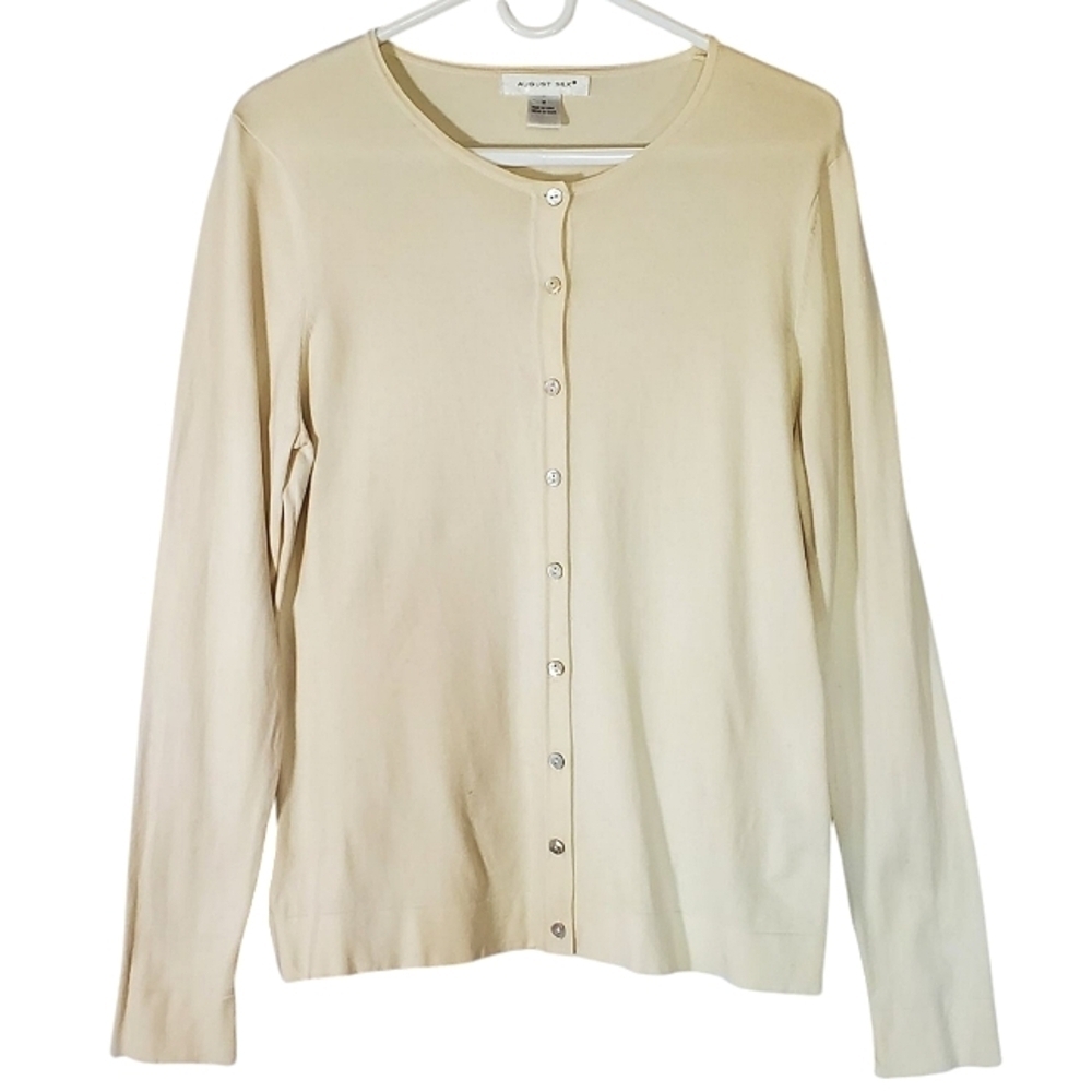 2026 * August Silk Button Front Silk Blend Knit Cardigan Ivory Cream Size M